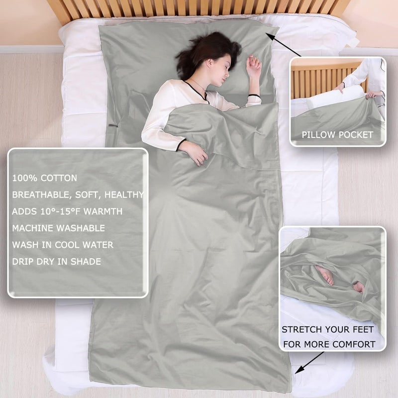 EXERMIL 100% Cotton Sleeping Bag Liner with Full Length Zipper on 3 Sides; Single/Double Adult Sleep Sack for Travel & Camping, Multifunctional Travel Sheets (Unzipped 87”x87”) for Hotel, Lightweight - Image 5